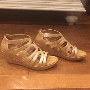 Comfortiva metallic gold cork wedge sandals